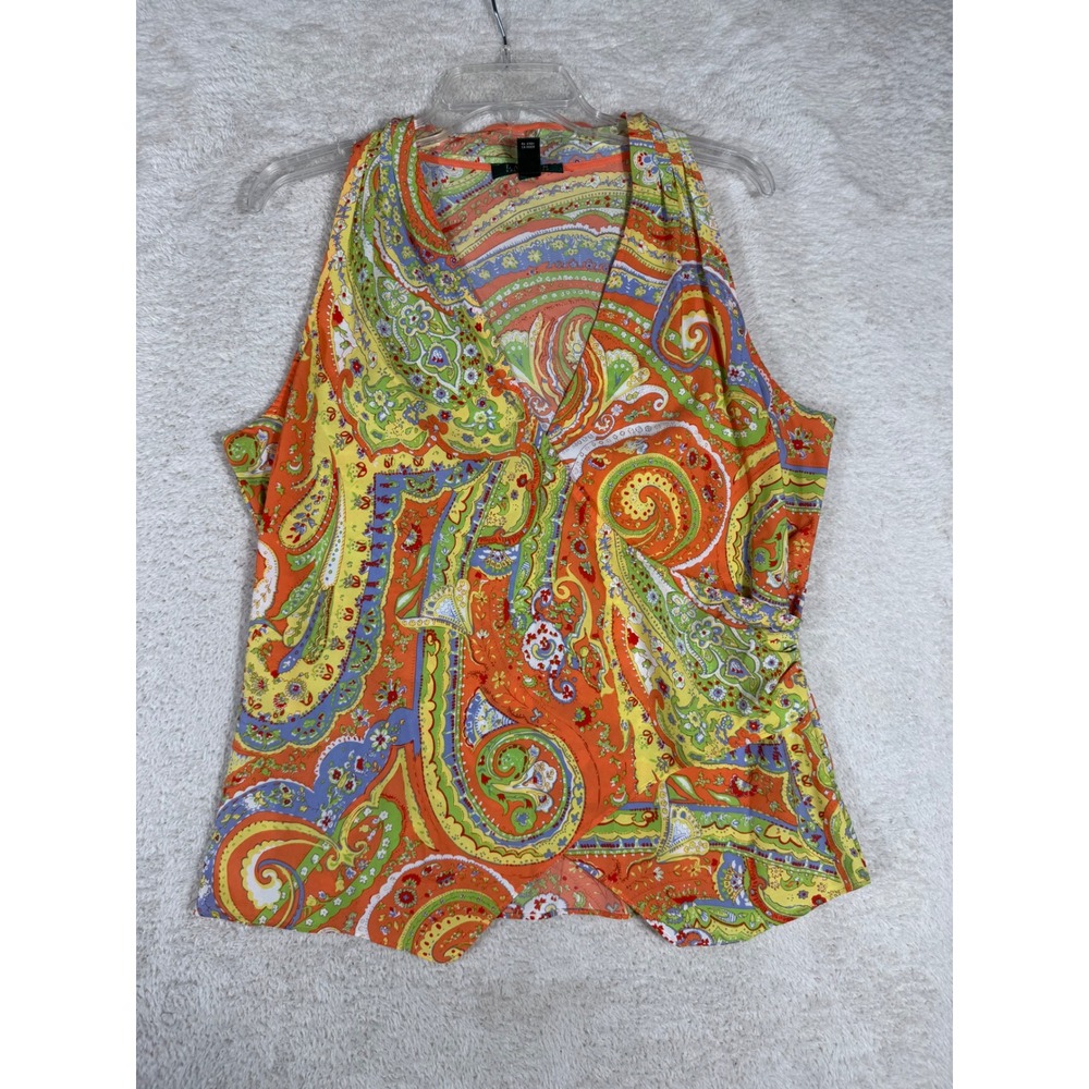 Lauren Ralph Lauren Sleeveless Top Womens 12 Orange Paisley Excellent Faux Wrap